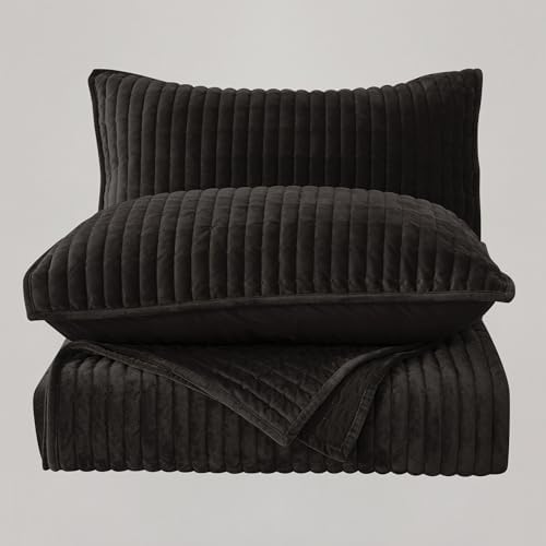 SHALALA Velvet Quilt King Size Set Dark Brown 3-Piece