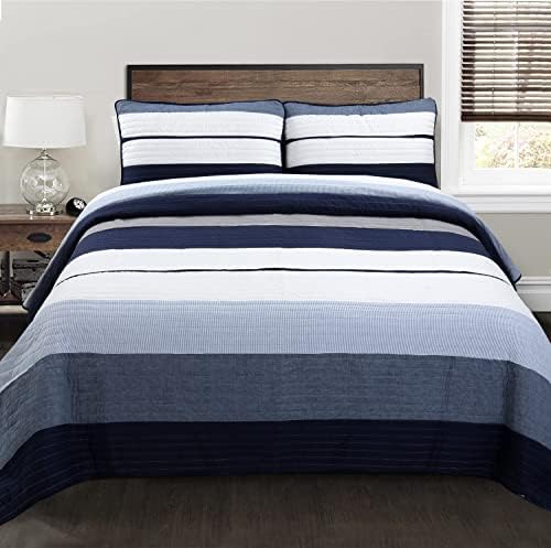 Cozy Line Tranquil Blue Gray Striped Reversible Quilt Bedding Set Queen - 3 Piece