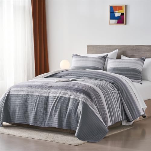 KAKIJUMN Quilt Set Full Queen White Grey Striped Bedding Coverlet with Pillow Shams