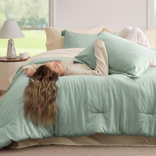Bedsure Queen Comforter Set - 7 Piece Sage Green Bedding with Contrasting Design