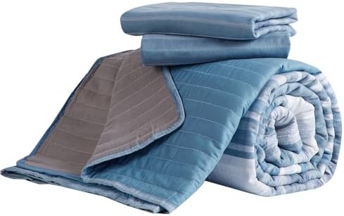 KAKIJUMN KingCal King Quilt Bedding Set White Grey Blue Striped Design