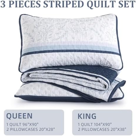 DJY Striped Quilt Set Queen Size Navy Blue