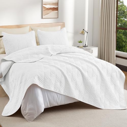 Whale Flotilla Modern Geometric Queen Quilt Set 3-Piece Extra Soft White Bedding