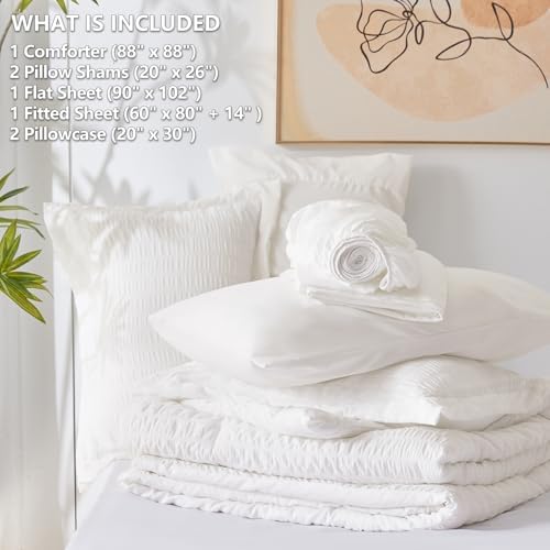 CozyLux Queen Comforter Set White Seersucker 7-Piece