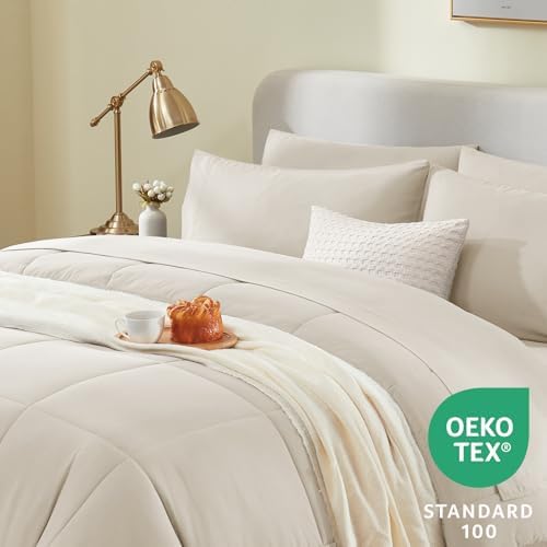 CozyLux Beige Cal King 7-Piece Bed in a Bag Comforter Set