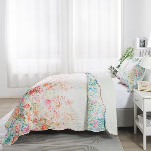HoneiLife King Quilt Set - Floral Design Coral Pink