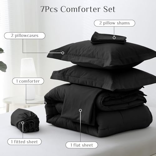 JOLLYVOGUE Queen Comforter Set 7-Piece Black Bed in a Bag