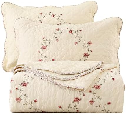 Vctops 3-Piece Floral Embroidered Quilt Set