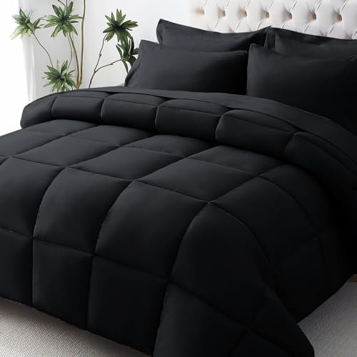 JOLLYVOGUE Queen Comforter Set 7-Piece Black Bed in a Bag