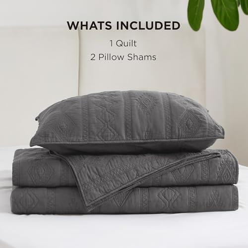 Bedsure Cotton Quilt Bedding Set - Grey 3-Piece with Pillow Shams