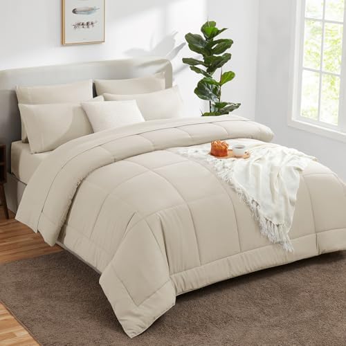 CozyLux Beige Cal King 7-Piece Bed in a Bag Comforter Set