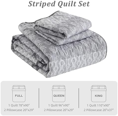 Boho Quilt Set Full Size Gray Striped Bedding 3 Pieces