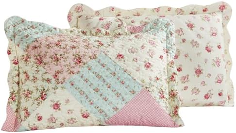 Brilliant Sunshine Pink Green Rose Patchwork Pillowshams Set