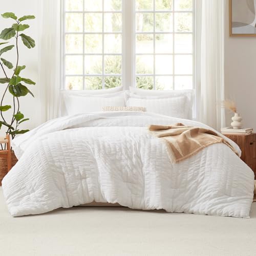 CozyLux White Seersucker King Comforter Set 7-Piece Bed in a Bag