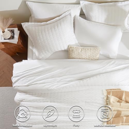 CozyLux White Seersucker King Comforter Set 7-Piece Bed in a Bag