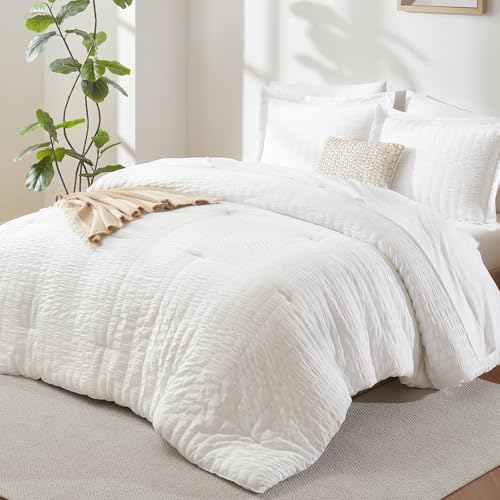 CozyLux White Seersucker King Comforter Set 7-Piece Bed in a Bag