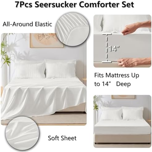 CozyLux White Seersucker King Comforter Set 7-Piece Bed in a Bag