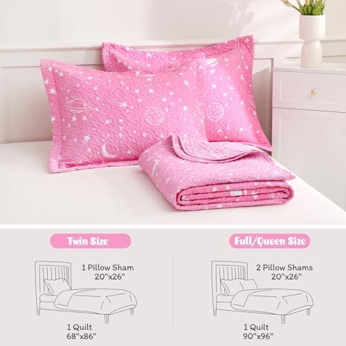 JSD Gradient Pink Stars Kids Quilt Set Full Queen Space Theme