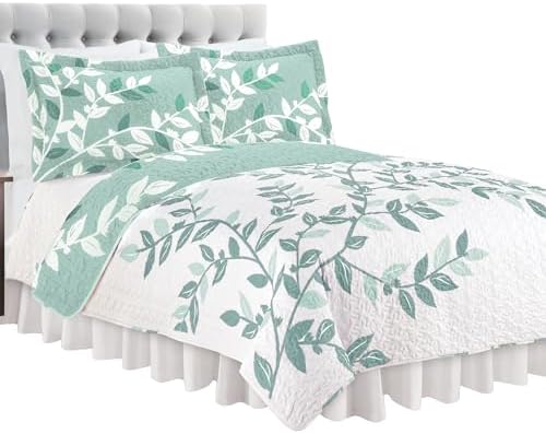 Collections Etc Unique Reversible Tonal Leaves Quilt Sage King
