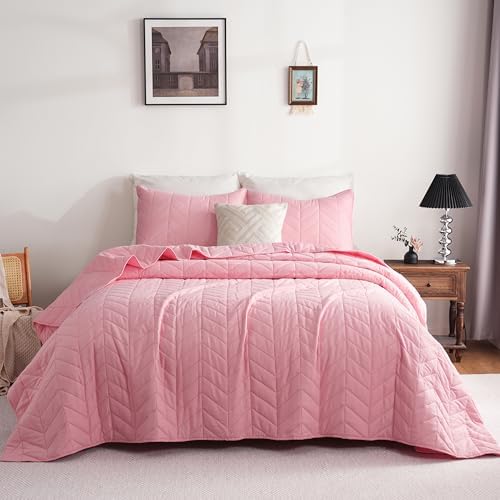 DOWNCOOL Pink Leaf Texture King Quilt Set 3PC
