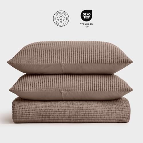 EVERGRACEHOME Cotton Coverlet Set Full Queen 3 Piece Mocha Brown
