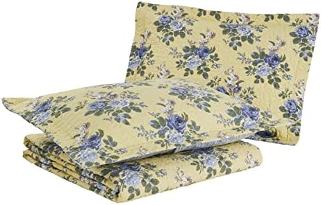 Laura Ashley King Quilt Set - Linley Yellow 3 Piece Reversible Cotton
