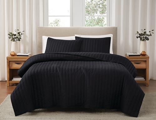 Brooklyn Loom Cotton Percale Black King 3 Piece Quilt Set