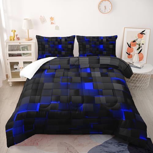 Nttopship Geometric Blue Black 3-Piece Comforter Set