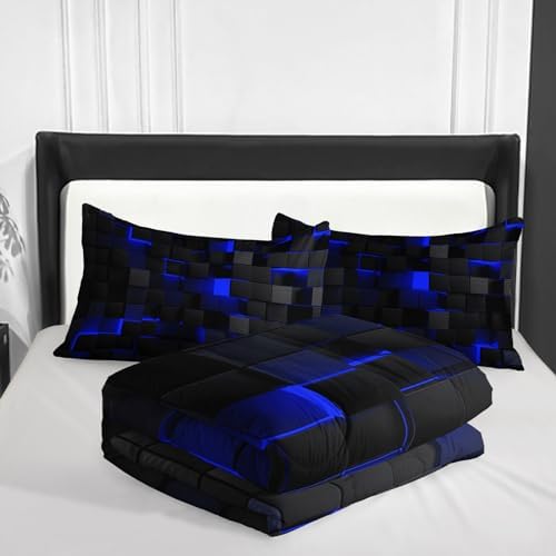 Nttopship Geometric Blue Black 3-Piece Comforter Set