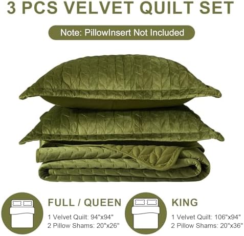 Ivellow Velvet Quilt Set King Size Green