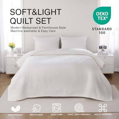 DAWNDIOR Queen Quilt Set 90x90 Ivory 3 Layer Lightweight