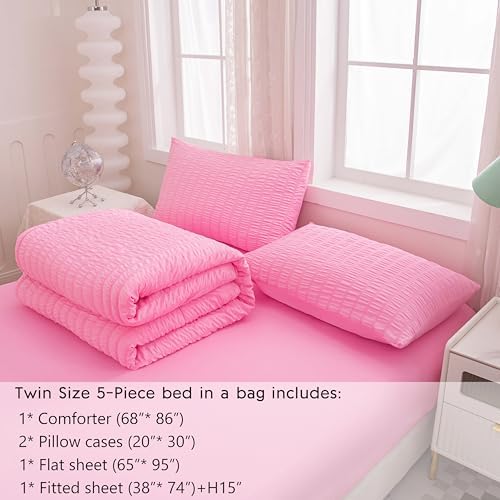 Yadangxiawa Twin Bed in a Bag Pink Seersucker Comforter Set 1