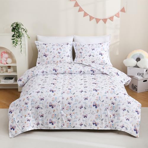 Yibeizi Butterfly Floral Comforter Set for Girls Twin