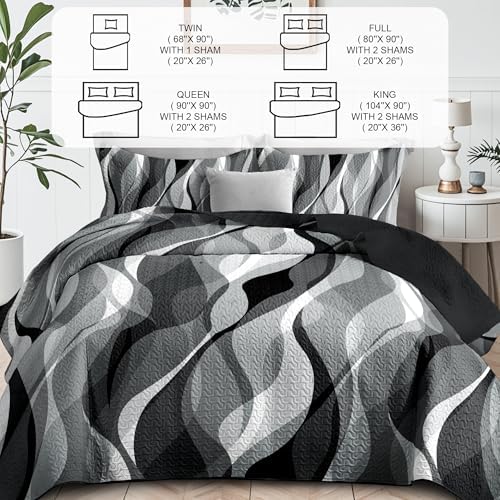 Weesire Modern Grey Black Stripe Quilt Set King Size