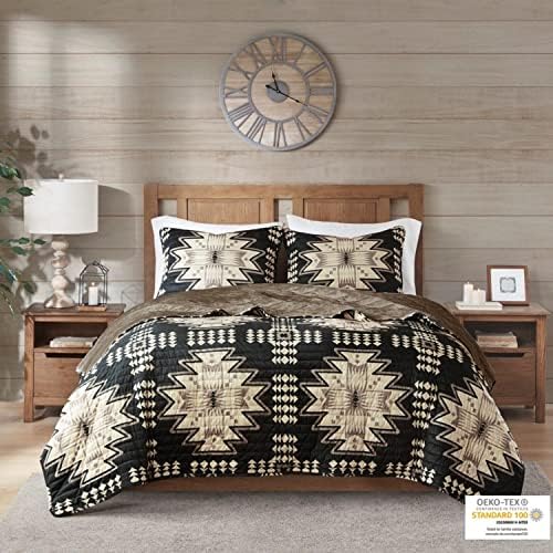Woolrich Sierra Oversized Quilt Set - Aztec Print Tan Black 3 Piece