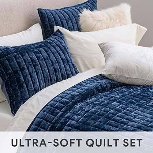 RECYCO Luxury Velvet Quilt Set King Size Navy Blue 1