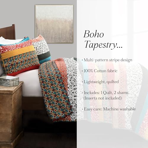 Boho Stripe Reversible Cotton Quilt Set King Turquoise Tangerine