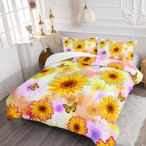 XYNHML Sunflower Butterfly Comforter Set Full Size Yellow Tie Dye