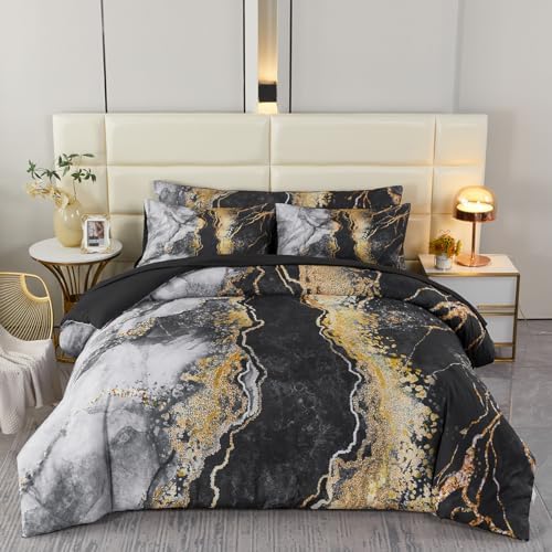 PERFEMET 6pcs Full Bed Comforter Set with Marble Print Design