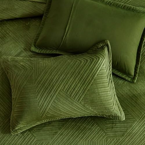 WARMDERN Velvet Quilt Set King Size Green Geometric Striped Pattern