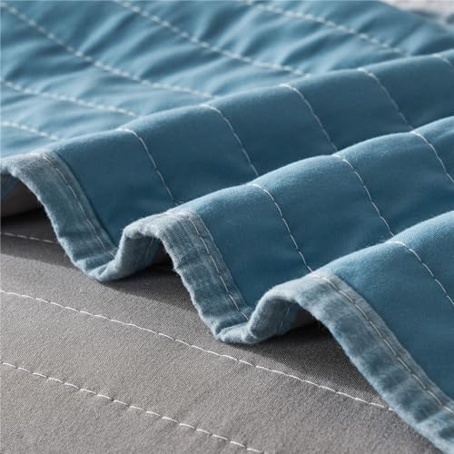 KAKIJUMN KingCal King Quilt Bedding Set White Grey Blue Striped Design