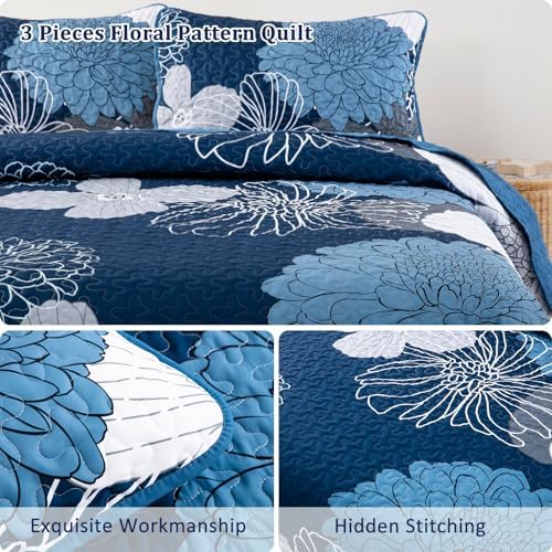 Anibedding 3 Piece Navy Blue Floral Quilt Set Queen Size