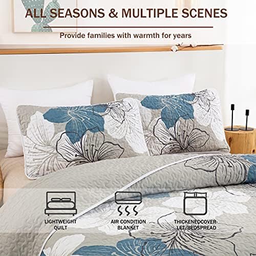DJY 3 Piece Quilt Set California King Blue Floral Bedspread