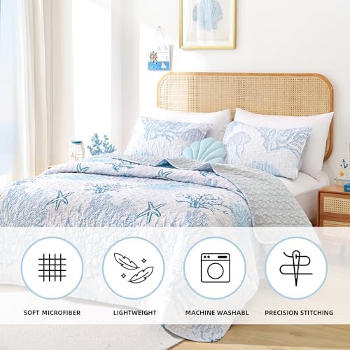 Weigelia Coastal Quilts Queen Bedding Set - Blue Nautical Comforter with Pillow Cases