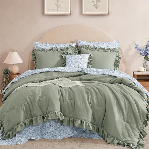 BLOOMHAVEN Queen Comforter Set 7-Piece Ruffle Sage Green