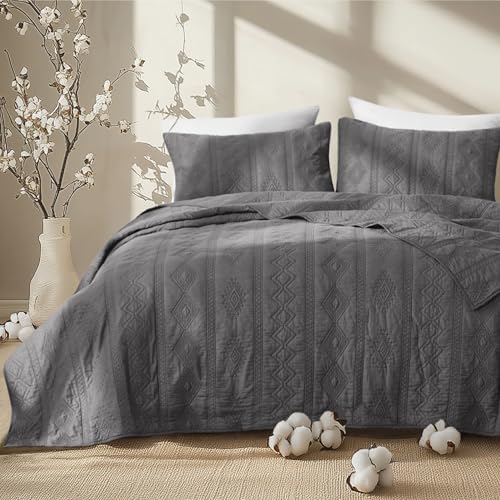 Bedsure Cotton Quilt Bedding Set - Grey 3-Piece with Pillow Shams