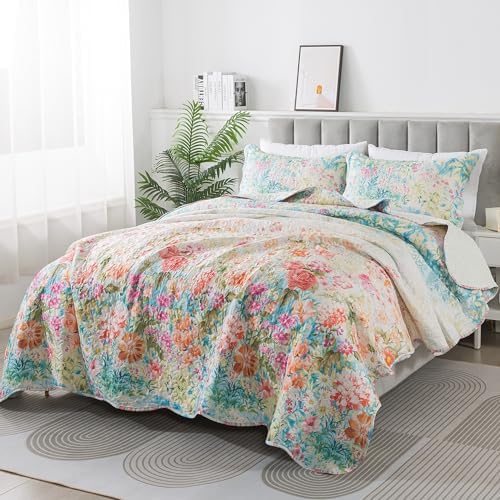 HoneiLife King Quilt Set - Floral Design Coral Pink