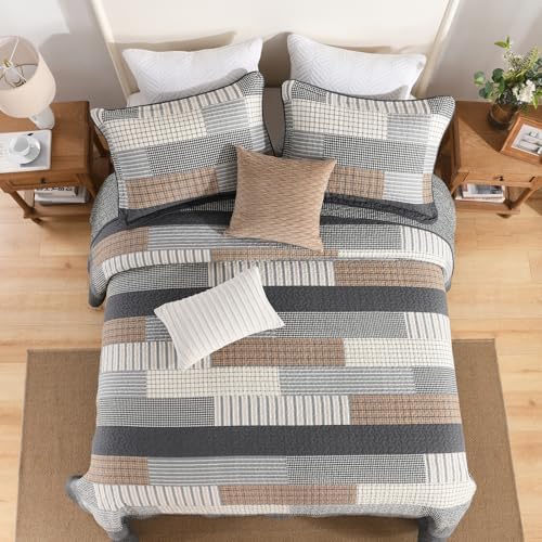Soforpring 100 Cotton Cal King Bedspread Set - 120x120 Gray Farmhouse Plaid 3pcs