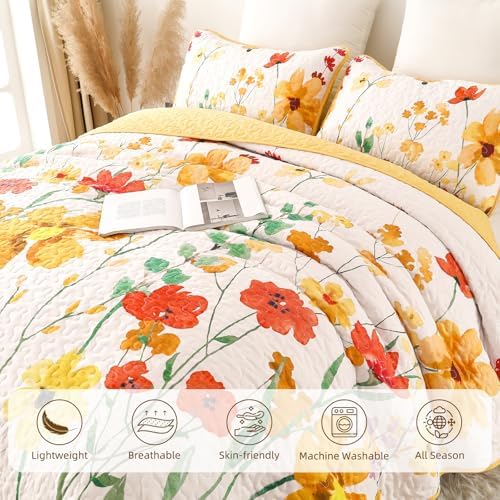 Anibedding Yellow Floral Quilt Set King Size