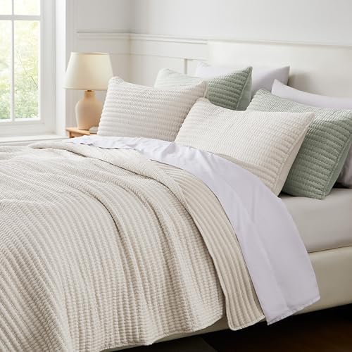 WDCOZY Beige Pick Stitch Queen Quilt Set